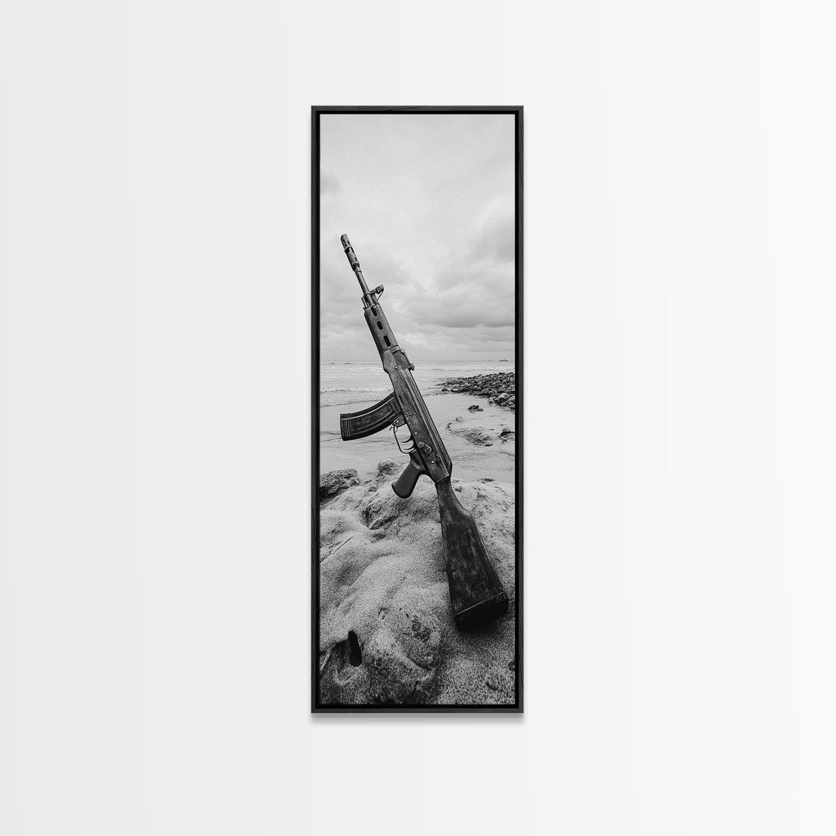 War Relic, AK Rifle, Surreal Beach Scene, Framed Canvas Print, Bold Statement Art, Bachelor Pad or Office Decor, Rustic Industrial Style
