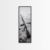 War Relic, AK Rifle, Surreal Beach Scene, Framed Canvas Print, Bold Statement Art, Bachelor Pad or Office Decor, Rustic Industrial Style