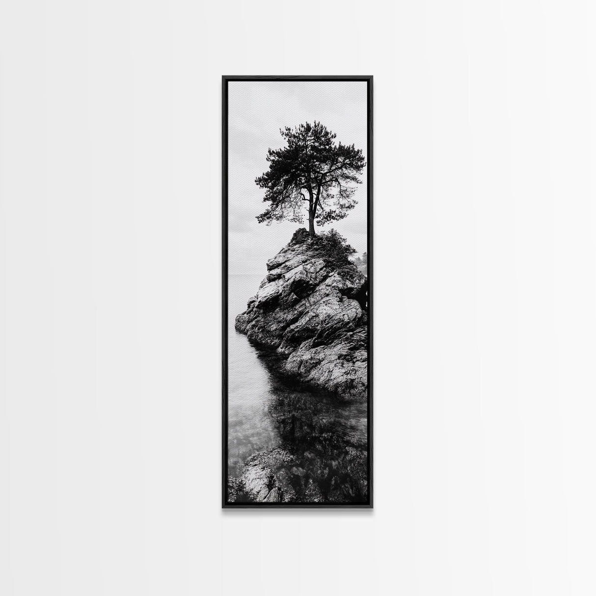 Lone Tree, Rock Island, Tranquil Coast, Nature Strength, Framed Canvas Print Cabin Wall Art, Minimalist Tree Print, Nordic Nature Living Room Decor