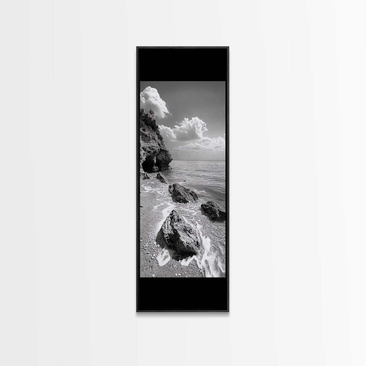 Rocky Beach, Calm Water, Summer Shore, Black White Coastal View, Framed Canvas Print Beach Wall Art, Nature Decor, Coastal Bathroom Style