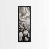 Sunrise Shore, Tranquil Coast, Pebble Beach, Golden Glow, Framed Canvas Print Fall Wall Art, Landscape Living Room Decor, Minimalist Aesthetic
