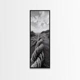 Rope in Sand, Beach Path Perspective, Coastal Journey, Framed Canvas Print, Bathroom Wall Art, Seaside Style, Minimalist Nautical Scene