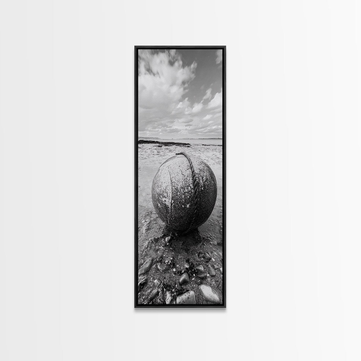 Weathered Buoy Ball, Rustic Coastal, Beach Decor, Nautical Minimalism, Framed Canvas Print, Bathroom Wall Art, Ocean Inspired Design