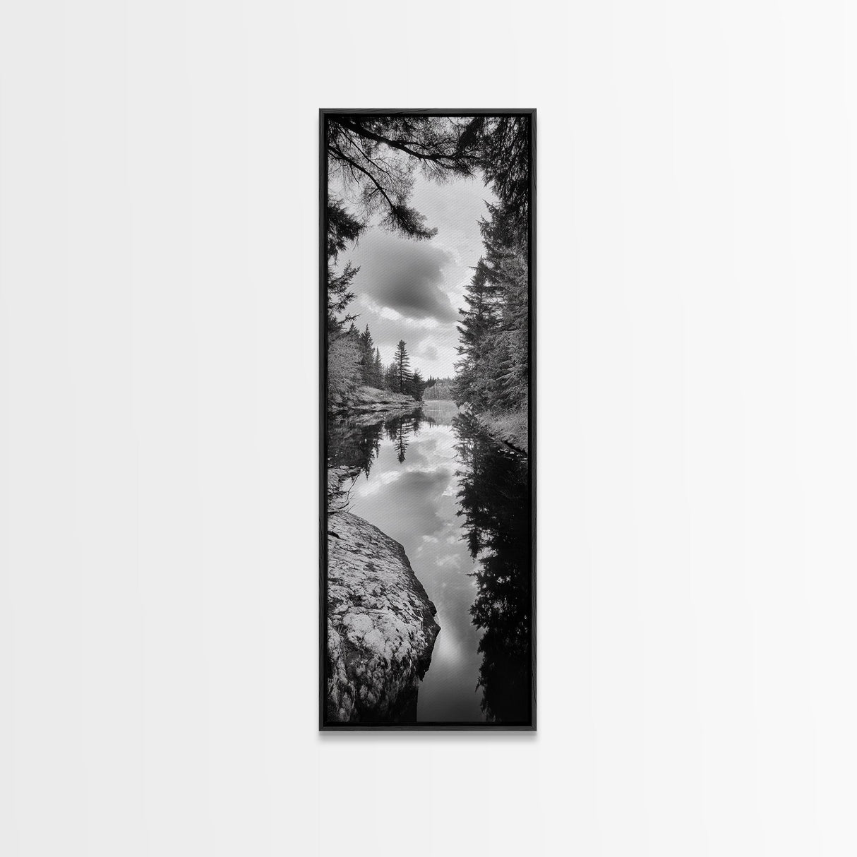 Forest Reflection, Lake Stillness, Tranquil Pines, Nature Calm, Black and White Canvas Print, Bedroom Wall Art, Cabin Vibes
