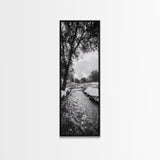 Peaceful Creek, Snow Trees, Winter Flow, Framed Canvas Print, Rustic Nature Art, Farmhouse Wall Decor, Serene Entryway Accent, Bedroom Decor