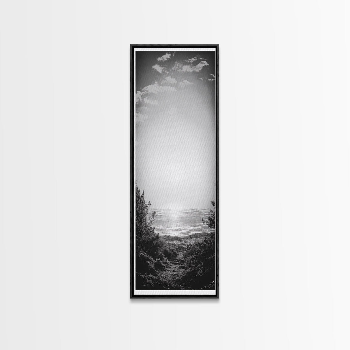 Horizon Glow, Ocean Sunset, Seaside Path, Tranquil Evening Framed Canvas Print, Nature Inspired Bedroom Wall Art, Zen Minimalist Decor