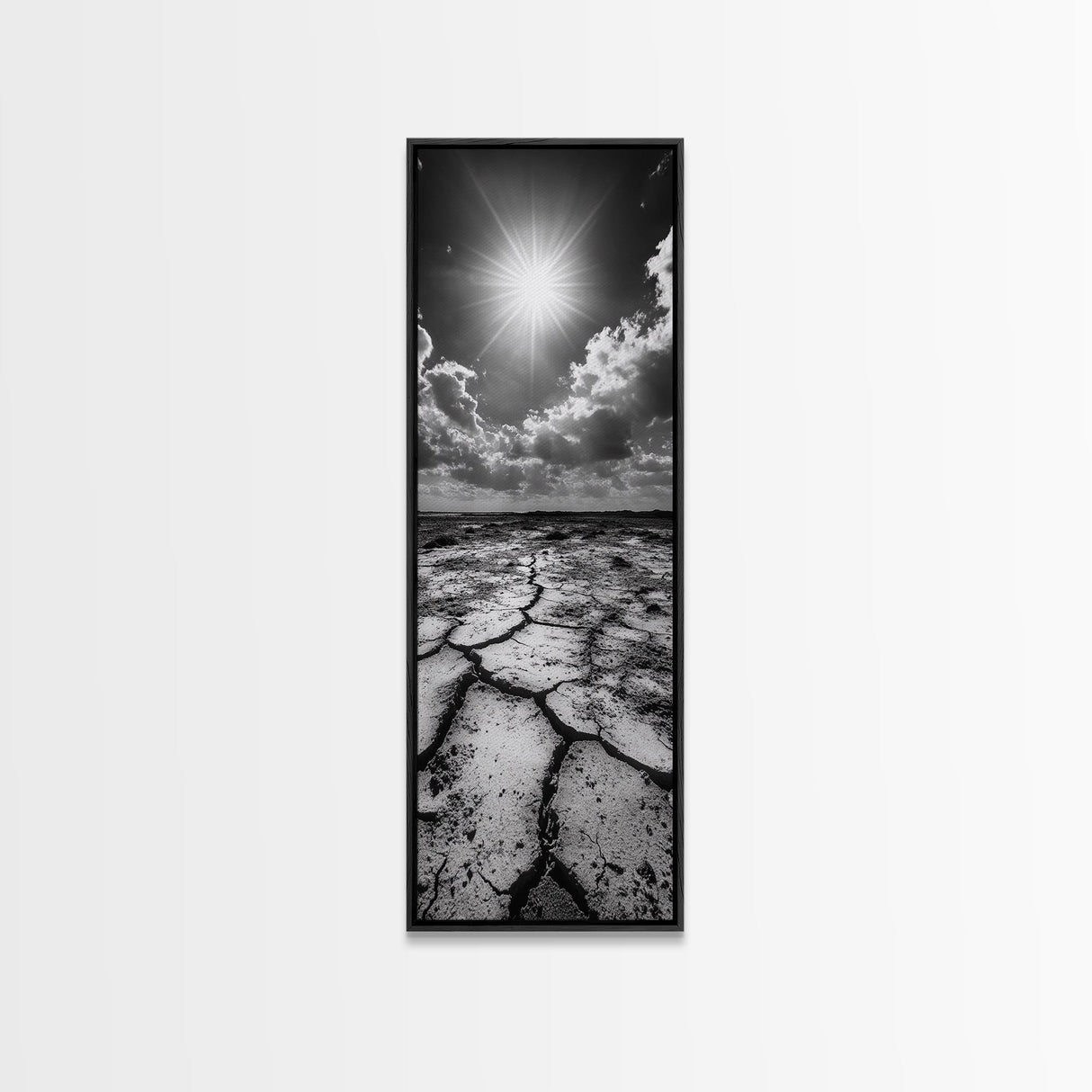 Cracked Earth, Sunburst Sky, Natural Texture, Desert Landscape, Framed Canvas Print, Rustic Decor, Earth Tone Art, Office Wall Art