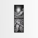 Cracked Earth, Sunburst Sky, Natural Texture, Desert Landscape, Framed Canvas Print, Rustic Decor, Earth Tone Art, Office Wall Art