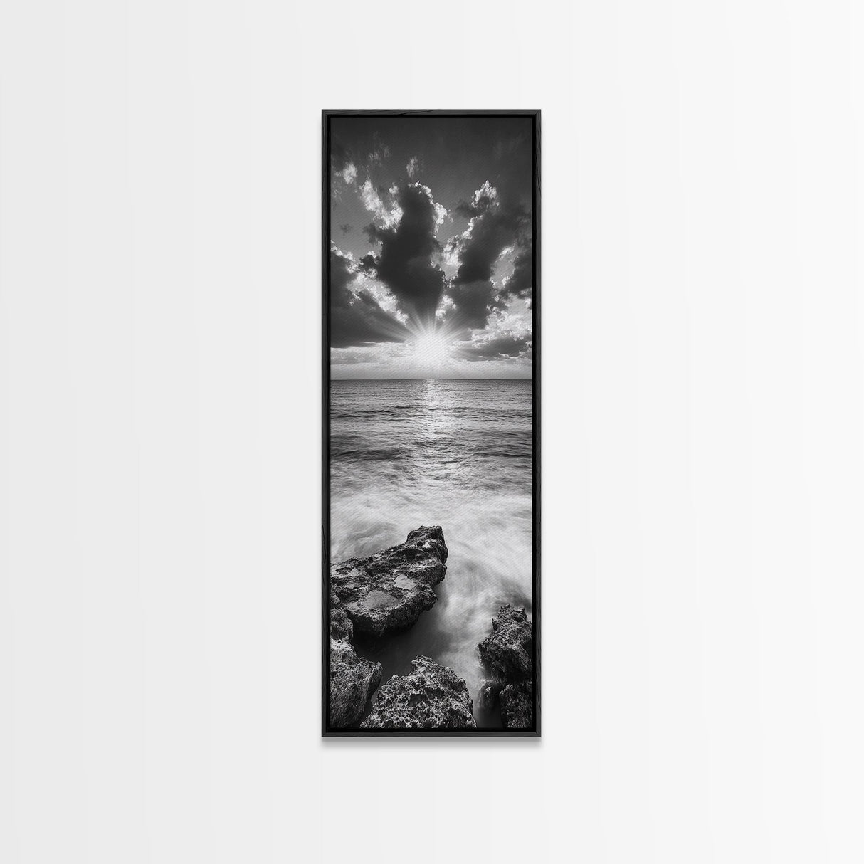 Rocky Sea, Glowing Horizon, Soft Waves, Twilight Sky, Canvas Print, Coastal Art, Living Room Wall Art, Seaside Modern Decor