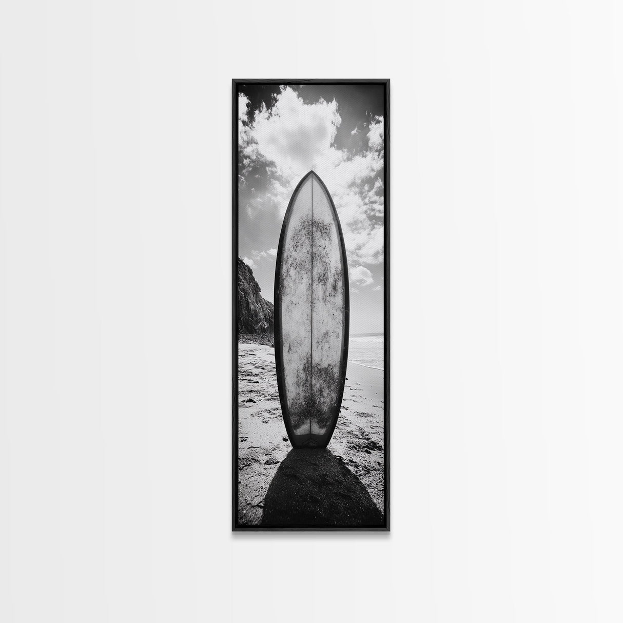 Surfboard Vertical, Sandy Beach, Coastal Rocks, Ocean Horizon, Framed Canvas Print, Surf Art, Dorm Room Decor, Tropical Vibe