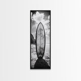 Surfboard Vertical, Sandy Beach, Coastal Rocks, Ocean Horizon, Framed Canvas Print, Surf Art, Dorm Room Decor, Tropical Vibe