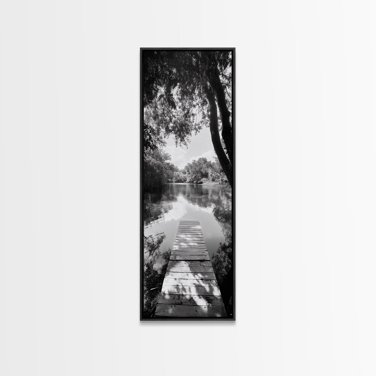 Tranquil Dock, Lake Stillness, Nature Reflection, Forest Retreat, Framed Canvas Print, Cabin Wall Art, Rustic Style, Bedroom Decor
