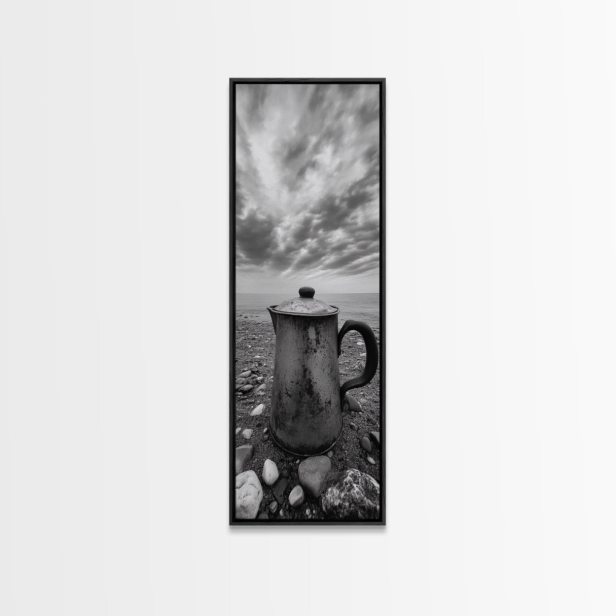 Seaside Coffee Pot, Rustic Beach, Moody Vibes, Framed Canvas Print, Farmhouse Decor, Kitchen Wall Art, Coastal Neutral Artwork