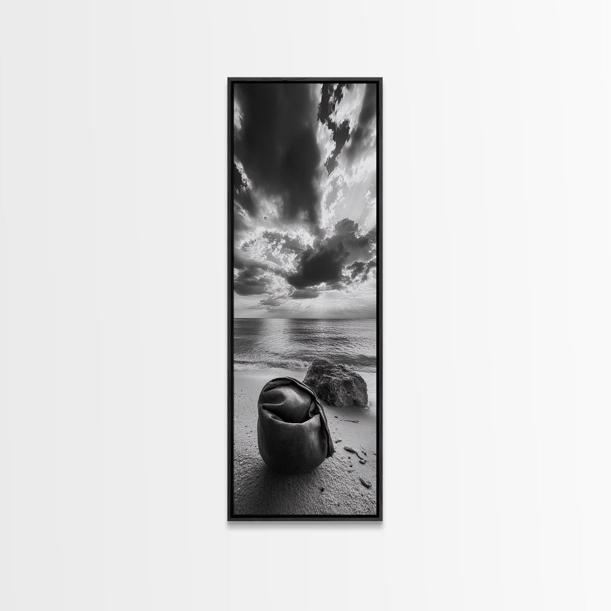 Coastal Bag, Driftwood Rock, Stormy Sea, Framed Canvas Print, Moody Beach Wall Art, Minimalist Decor, Ocean Vibe Photography