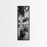 Coastal Bag, Driftwood Rock, Stormy Sea, Framed Canvas Print, Moody Beach Wall Art, Minimalist Decor, Ocean Vibe Photography
