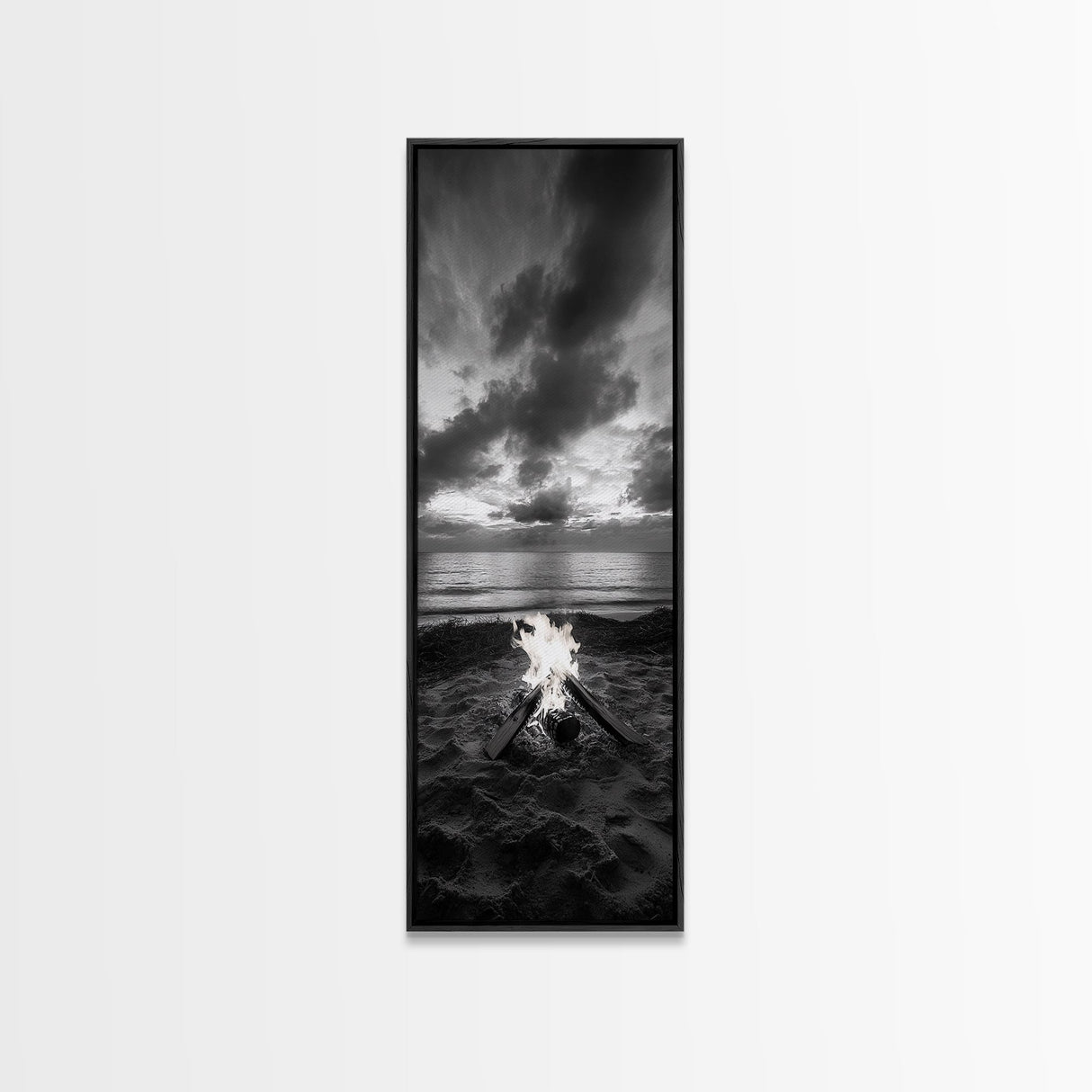 Campfire Glow Dusk, Beach Bonfire, Ocean Sunset Flame, Cozy Evening Mood, Framed Canvas Print, Fall Wall Art, Cabin Living Room Decor