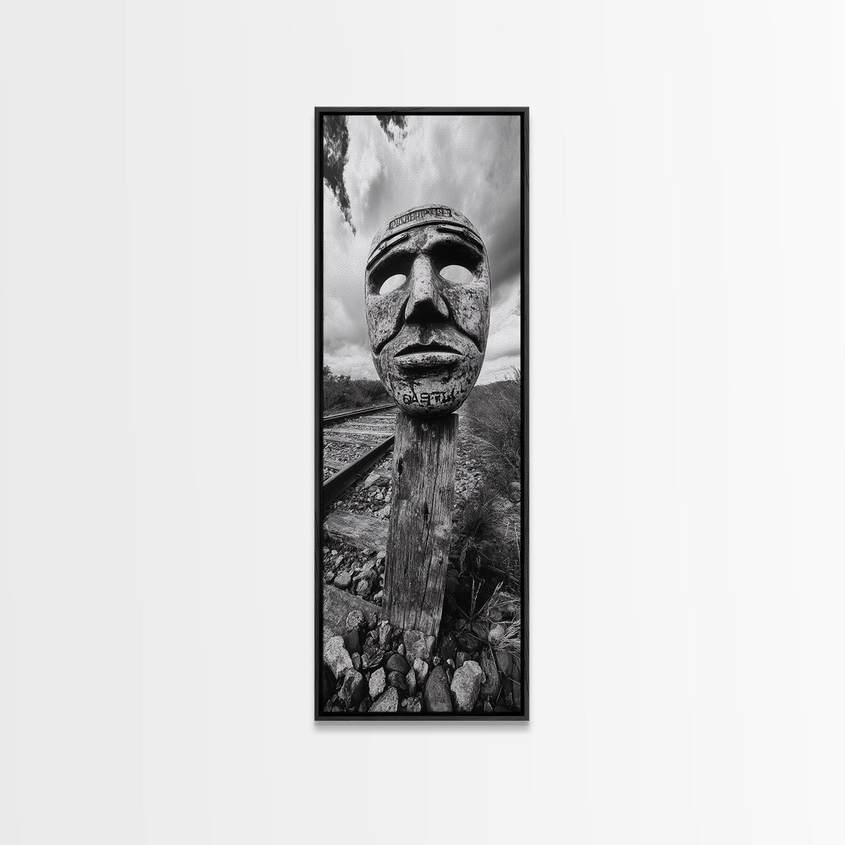 Tribal Mask, Railway Art, Abstract Face, Canvas Print, Surreal Wall Art, Eclectic Living Room Decor, Boho Urban Art, Monochrome Photography
