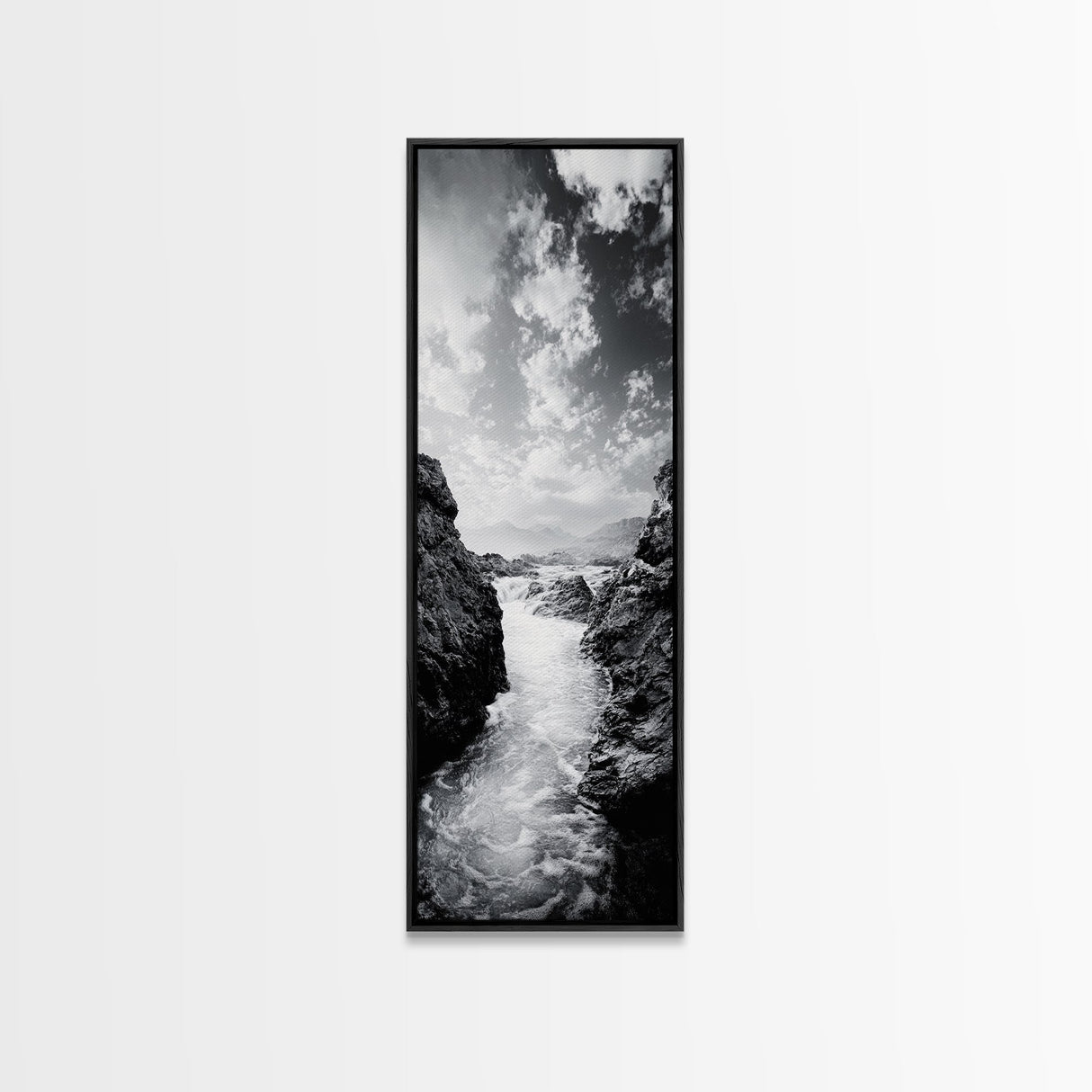 Waterfall Rocks, Mountain Mist, River Flow, Canvas Print, Black And White Landscape Art, Nature Bedroom Decor, Zen Retreat Wall Piece