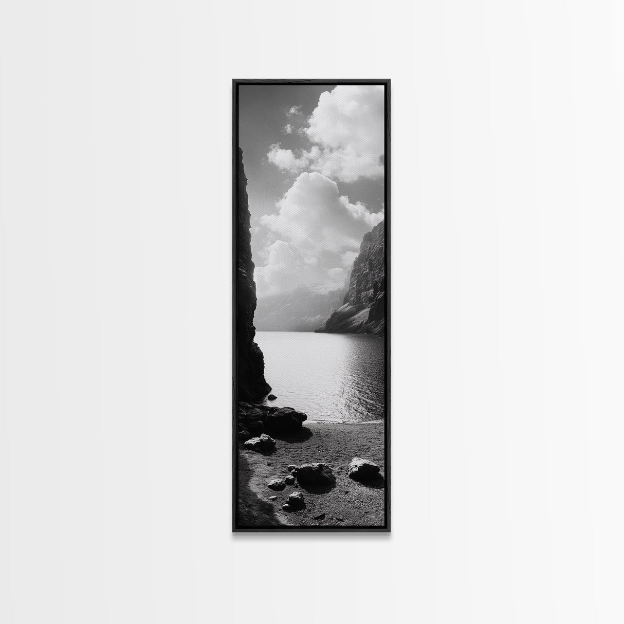 Fjord Mountain Lake, Scenic Nordic Landscape, Tranquil Nature Print, Minimalist Wall Art, Bedroom Decor, Framed Canvas Print