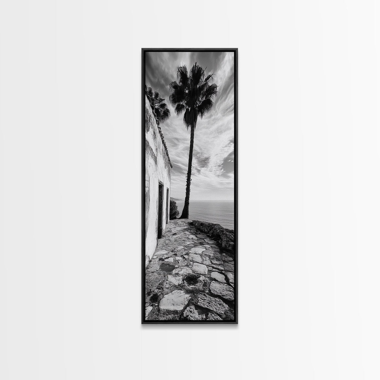 Coastal Palm Tree, Rustic Seaside Wall Art, Mediterranean Courtyard Print, Tropical Summer Decor, Framed Canvas Print, Kitchen Art