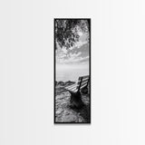Lakeside Bench View, Peaceful Nature Scene, Tranquil Reflection Print, Minimalist Wall Decor, Zen Office Art, Framed Canvas Print