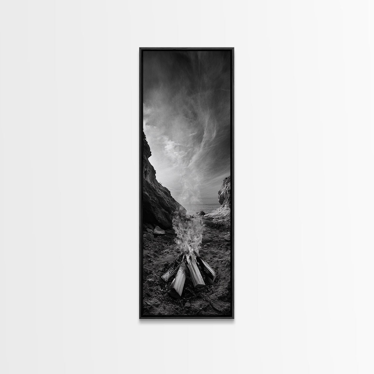 Campfire Smoke, Rocky Coastline, Moody Skies, Autumn Nature, Framed Canvas Print, Rustic Wall Decor, Cabin Aesthetic, Living Room Art