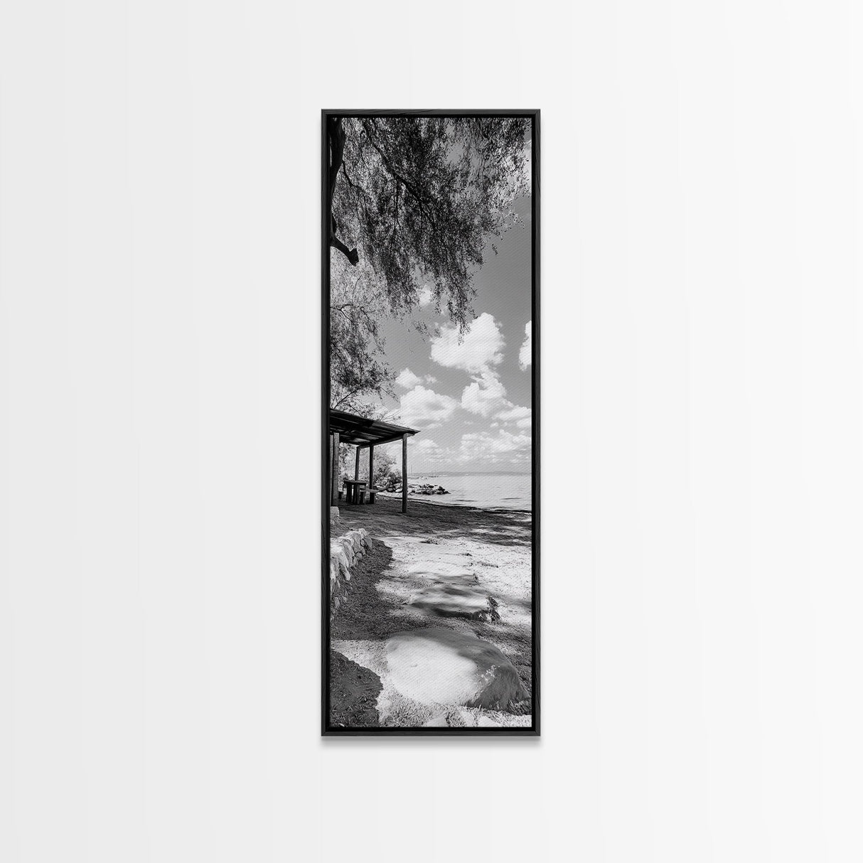 Coastal Bench, Ocean Peace, Nature Retreat, Minimal Landscape, Canvas Print, Zen Wall Art, Bedroom or Entryway Decor, Calm Beach Scene