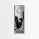 Seaside Cliffscape, Ocean Horizon, Monochrome Nature Scene, Framed Canvas Print, Coastal Living Room Art, Modern Rustic Wall Decor