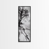 Serene Beach Tree, Calm Ocean Coast, Black White Shoreline, Framed Canvas Print, Coastal Entryway Decor, Minimal Nature Wall Art