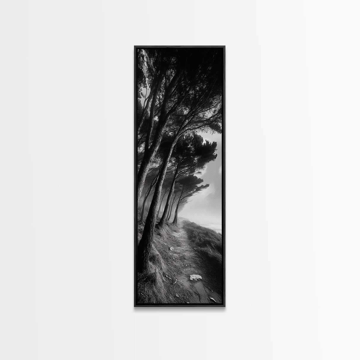 Windy Forest Trail, Dark Coastal Trees, Atmospheric Nature, Framed Canvas Print, Fall Living Room Wall Art, Moody Landscape Aesthetic