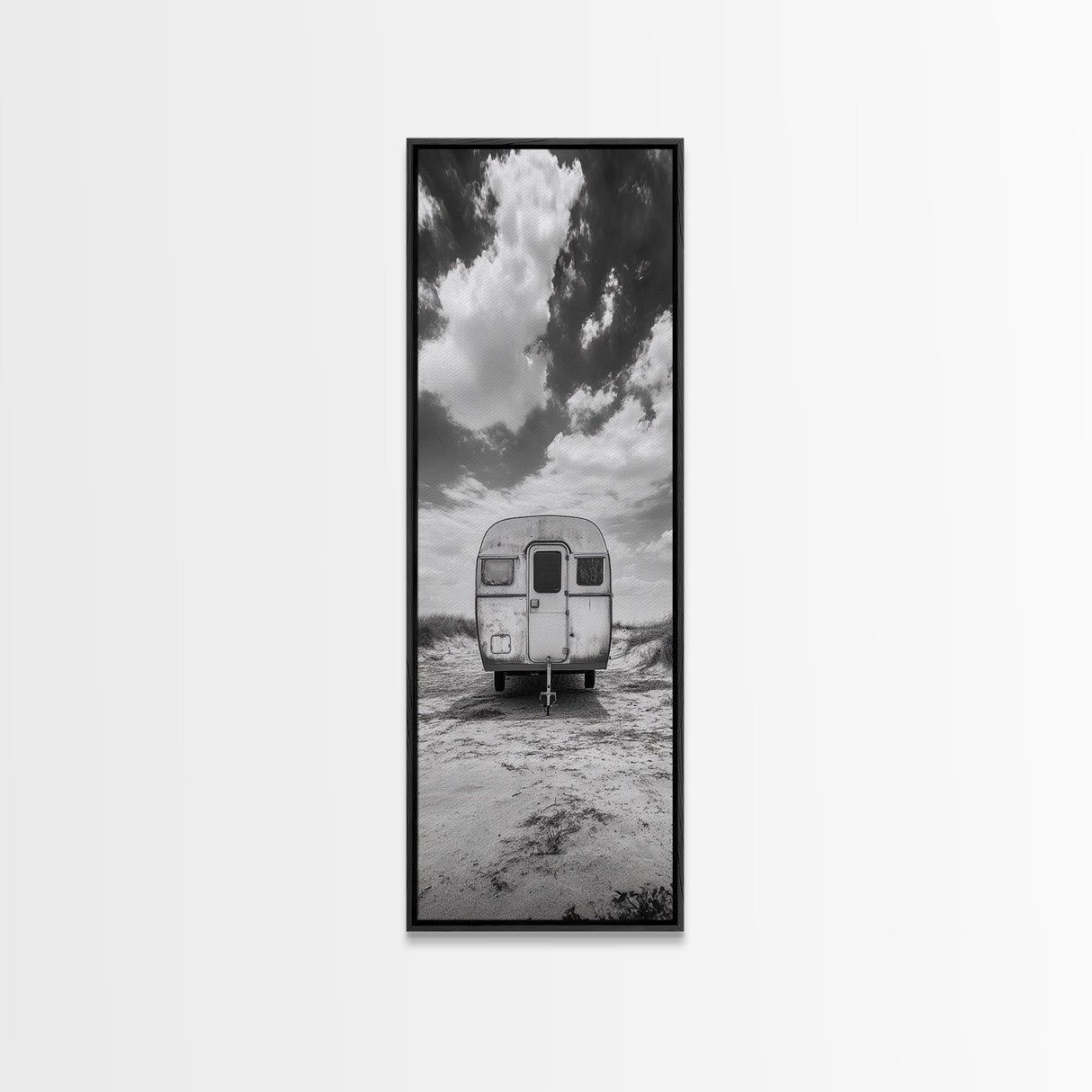 Vintage Camper, Cloudy Sky, Wanderlust Life, Desert Minimalism, Framed Canvas Print, Retro Travel Wall Art, Boho Bedroom Print, Office Art