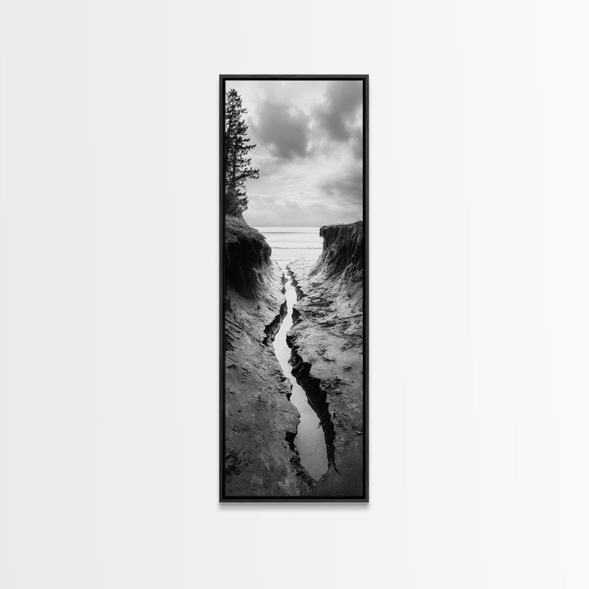 Coastal Crevice, Ocean Stream, Moody Nature, Rugged Beauty, Framed Canvas Print, Minimalist Beach Wall Art, Bedroom Art, Entryway Decor
