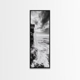 Ocean Waterfall, Coastal Nature, Monochrome Landscape, Framed Canvas Print, Minimalist Bathroom Wall Art, Black White Ocean Art