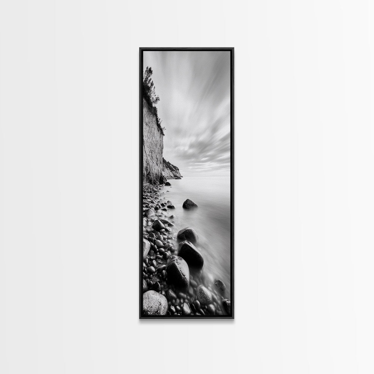 Rocky Shoreline, Coastal Calm, Seaside Mist, Canvas Print, Black White Minimalist Wall Art, Serene Bedroom or Bathroom Decor