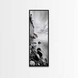 Rocky Shoreline, Coastal Calm, Seaside Mist, Canvas Print, Black White Minimalist Wall Art, Serene Bedroom or Bathroom Decor