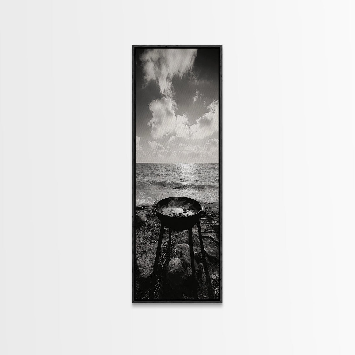 Smoky Grill, Seaside BBQ, Coastal Cooking, Framed Canvas Print, Rustic Outdoor Kitchen Art, Summer Vibes Wall Decor, Moody Beach Scene