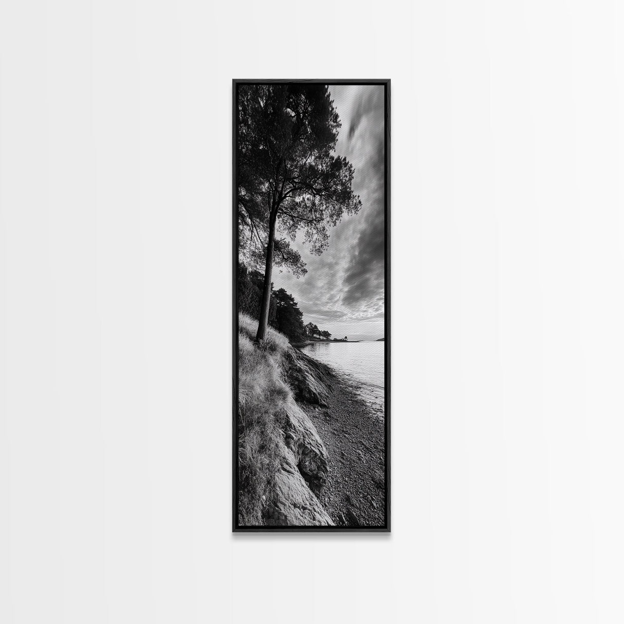 Coastal Tree, Ocean Horizon, Windswept Shore, Nature Calm, Moody Sky, Framed Canvas Print, Office Wall Art, Coastal Rustic Aesthetic