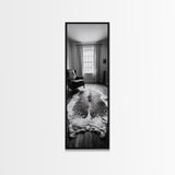Leather Chair, Cozy Window, Cowhide Rug, Framed Canvas Print, Farmhouse Living Room Decor, Rustic Minimalist Art, Monochrome Interior