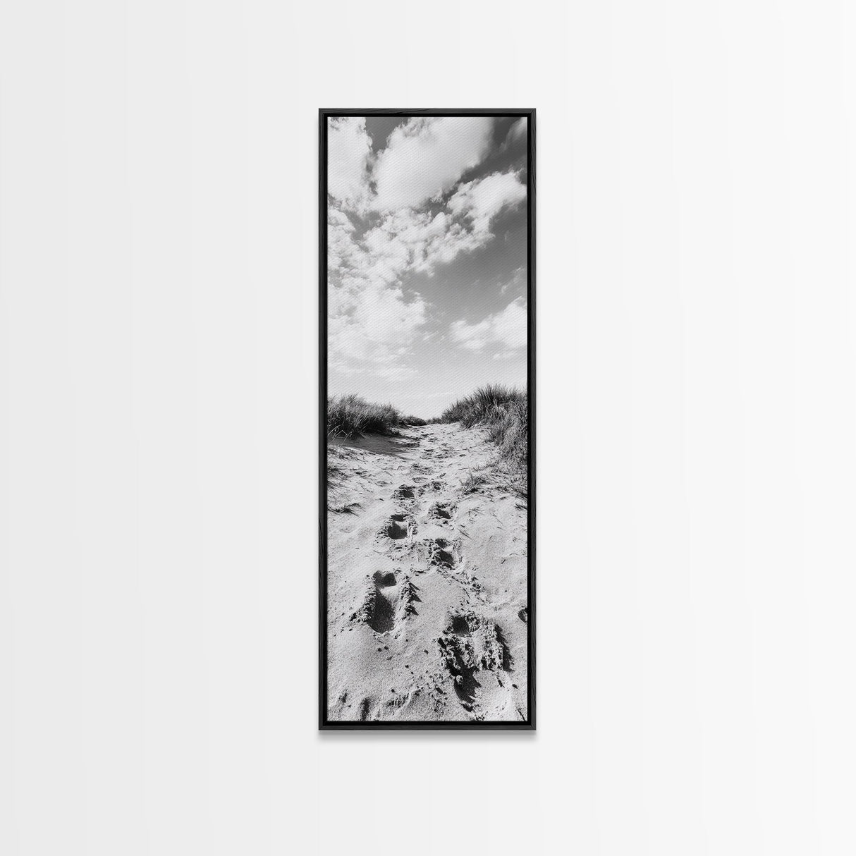Sandy Trail, Dune Path, Footprints Grass, Canvas Print, Fall Coastal Decor, Boho Entryway Art, Black and White Beach Landscape