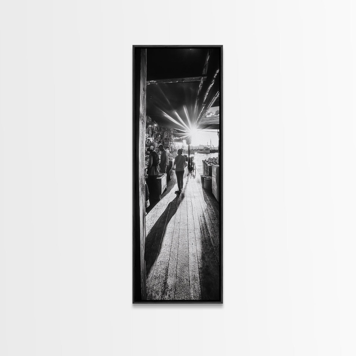 Dockside Market Light, Urban Waterfront Print, Golden Hour Street Scene, Canvas Print, Kitchen Wall Art, Moody City Photography