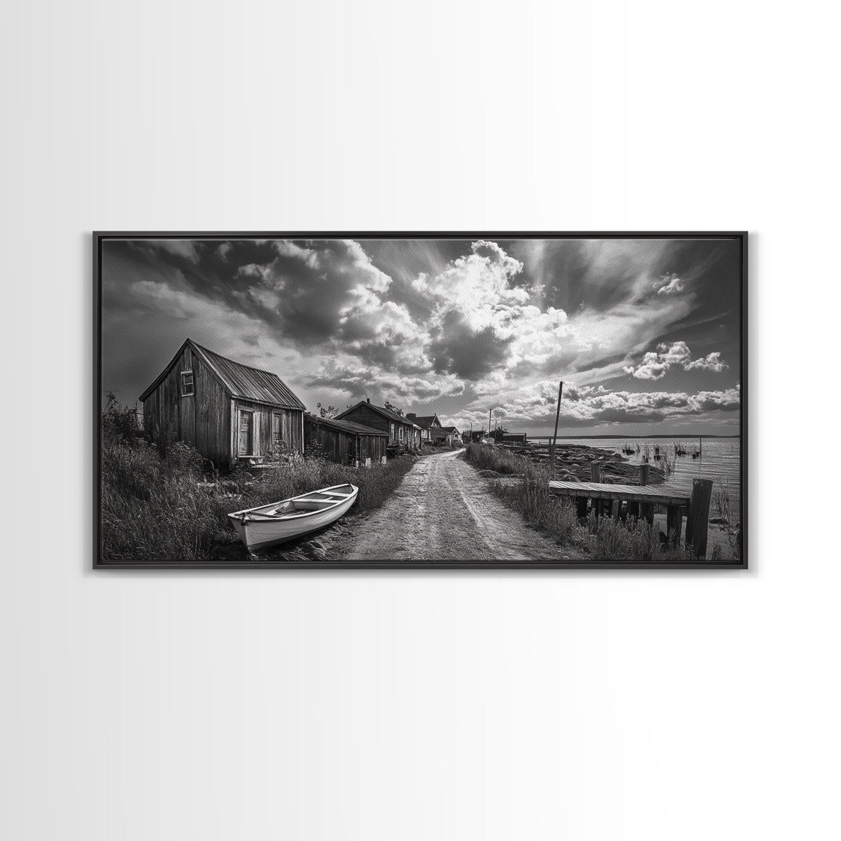Seaside Village, Driftwood Cabins, Coastal Road, Vintage Fishing Town, Framed Canvas Print, Rustic Kitchen Wall Art, Moody Monochrome