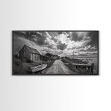 Seaside Village, Driftwood Cabins, Coastal Road, Vintage Fishing Town, Framed Canvas Print, Rustic Kitchen Wall Art, Moody Monochrome