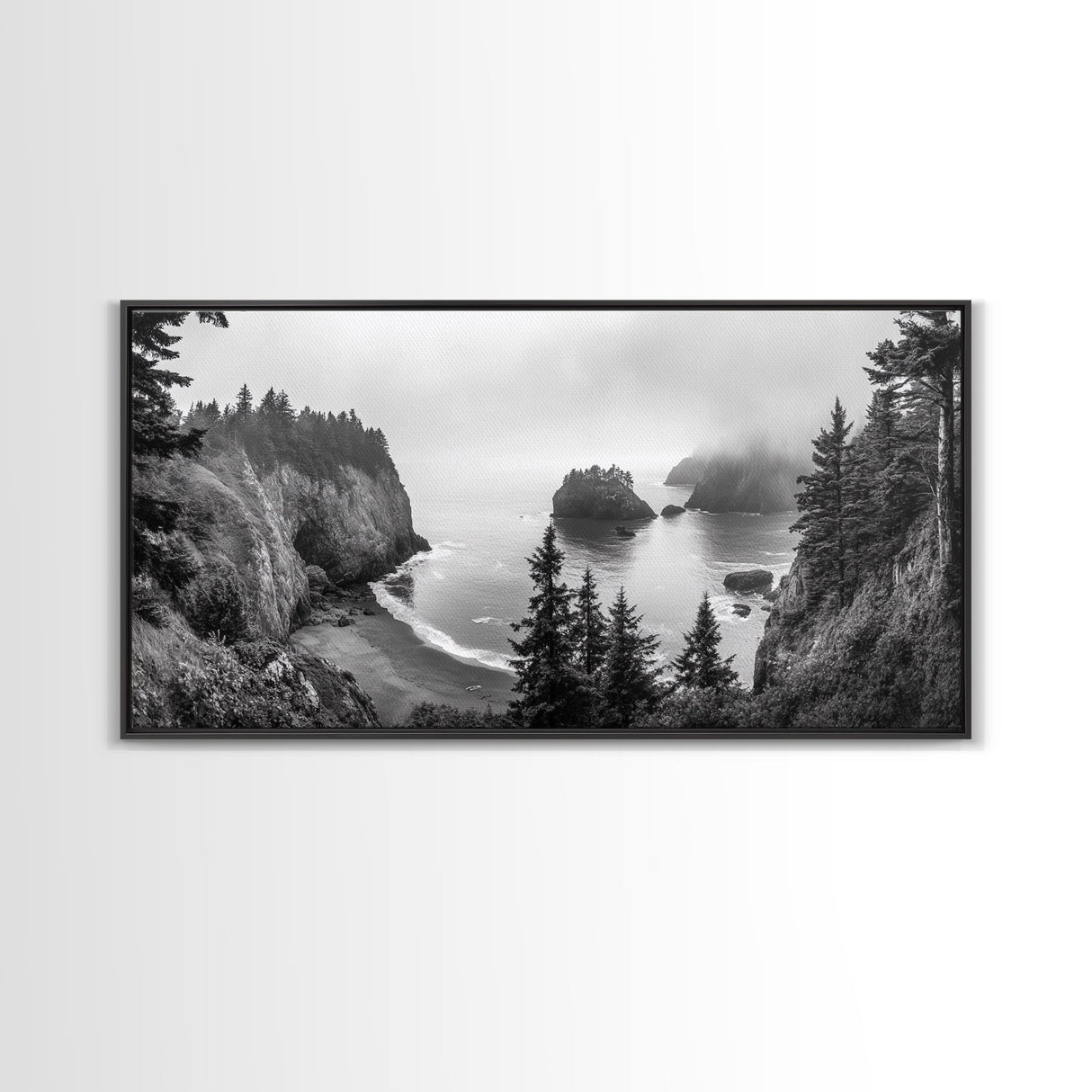 Misty Coastal Cliffs, Ocean Horizon, Monochrome Art, Nature Landscape, Canvas Print, Rustic Living Room Decor, Moody Wall Art, Black and White
