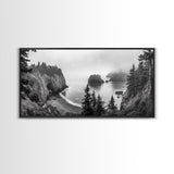 Misty Coastal Cliffs, Ocean Horizon, Monochrome Art, Nature Landscape, Canvas Print, Rustic Living Room Decor, Moody Wall Art, Black and White