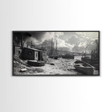 Old Fishing Harbor, Weathered Boats, Coastal Village Scene, Canvas Print, Nautical Kitchen Wall Art, Maritime Black and White Decor