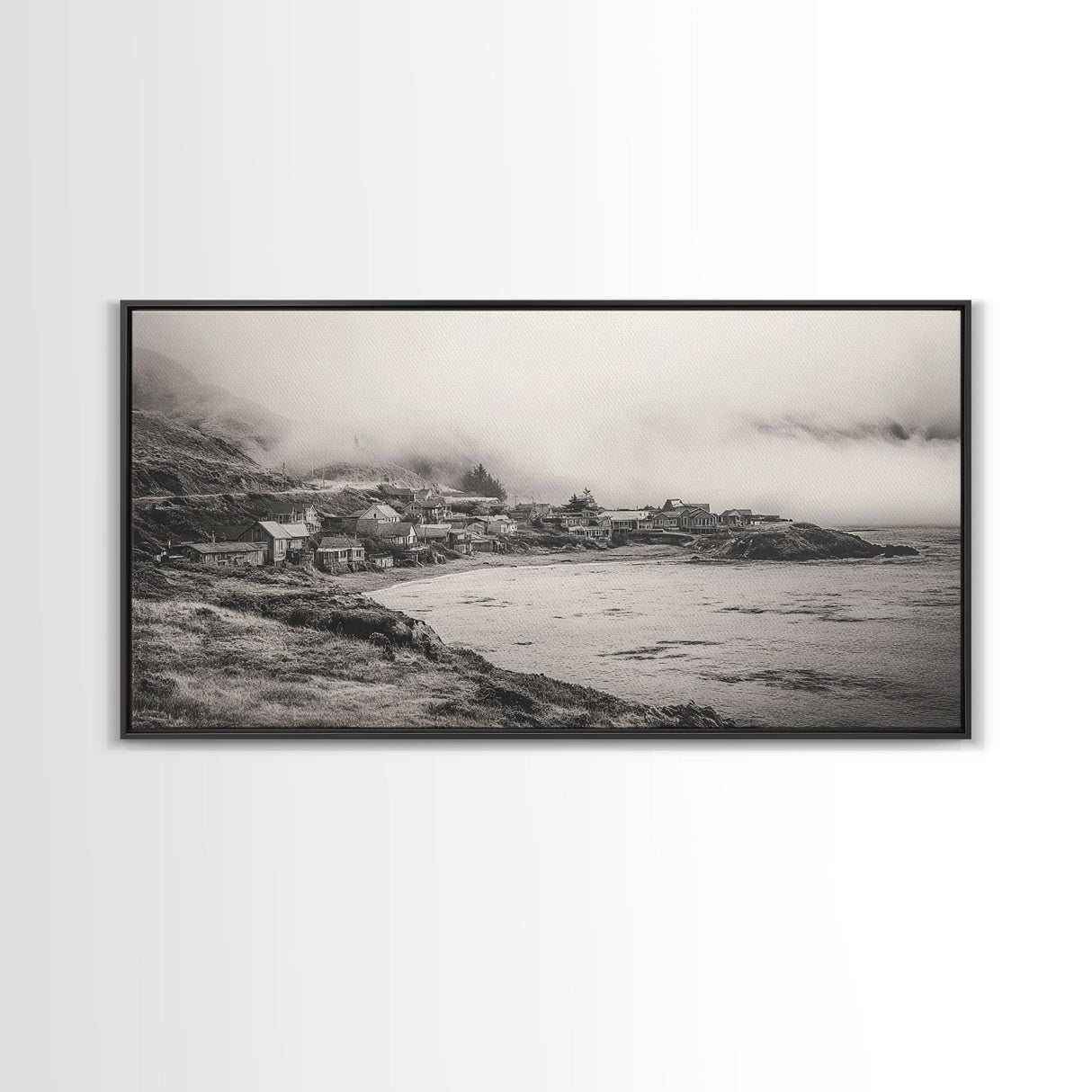 Coastal Fog Village, Misty Ocean Cliff Scene, Black and White Landscape, Canvas Print, Bedroom Wall Art, Rustic Coastal Decor