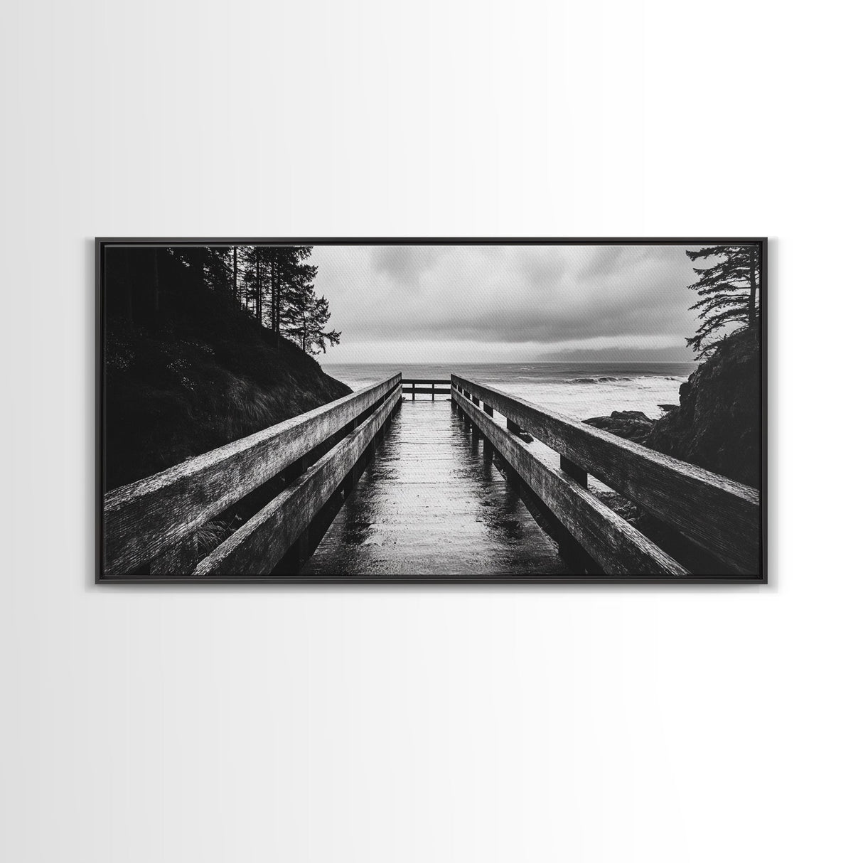 Rainy Dock View, Ocean Storm Mood, Moody Coastal Photo, Canvas Print, Living Room Wall Art, Black and White Nautical Decor, Rustic Coastal