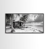 Tropical Hut, Palm Tree Scene, Island Escape Photo, Framed Canvas Print, Beach House Wall Art, Rustic Boho Coastal Decor, Nature Scene