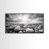 Pebble Beach Sunrise, Serene Rock Shore, Ocean Horizon Light, Framed Canvas Print, Bathroom Wall Art, Minimalist Coastal Decor