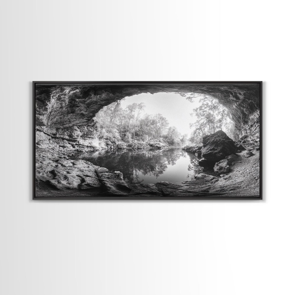 Cave Entrance Lake, Hidden Forest View, Rock Reflection Water, Canvas Print, Hallway Wall Art, Adventure Wilderness Decor, Minimalist Style